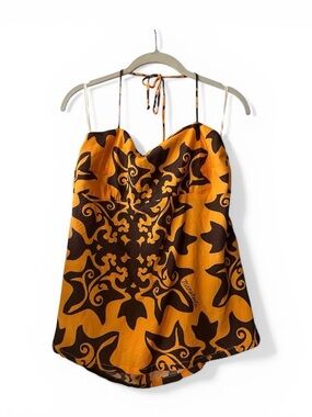 MANUHEALII halter top blouse kukui kuiki/quilt print ~ size large rayon